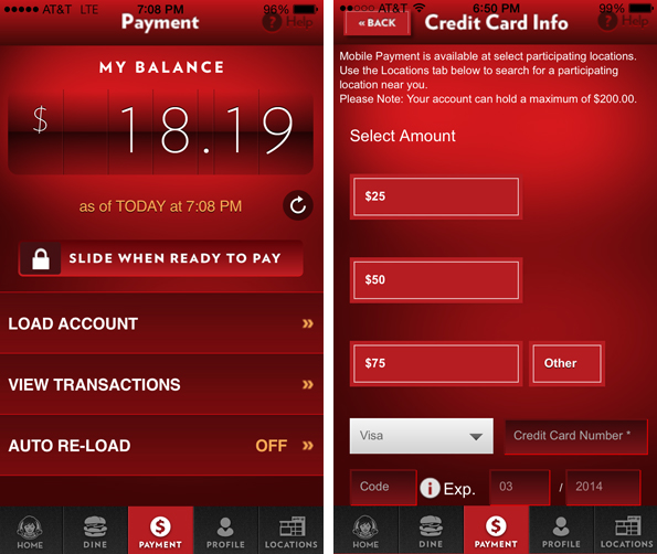 The Wendy's app shows users their balance and allows them to pay via credit card