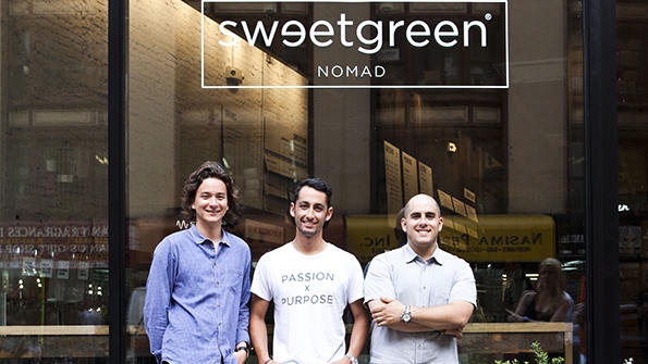 Founders of Sweetgreen outside first NYC location. (From left to right) Nathaniel Ru, Jonathan Neman and Nicolas Jammet.