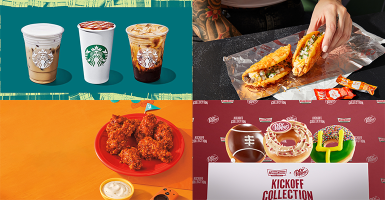 Clockwise from top left: Starbucks, Taco Bell, Krispy Kreme, Popeyes