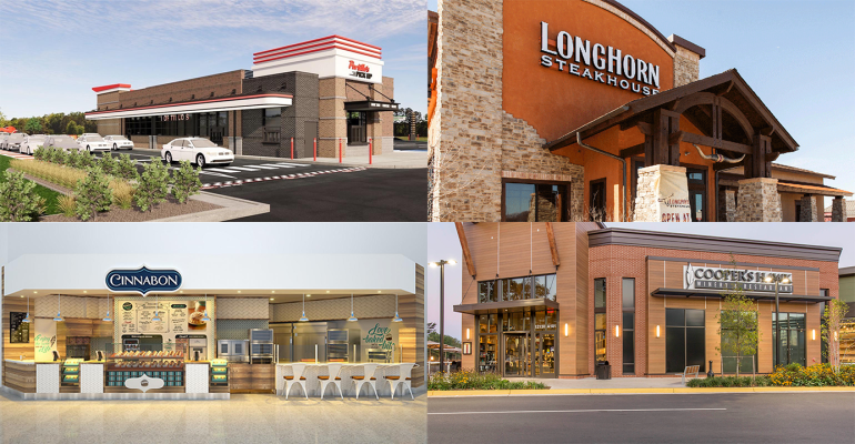 Clockwise from top left: Portillo's, LongHorn Steakhouse, Cooper's Hawk, and Cinnabon