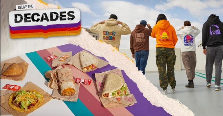 Taco Bell Decades promo with food options and hoodies