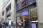 Customers wait in line at Terri a vegan restaurant in New York City giving out free food during the Great American Meatout